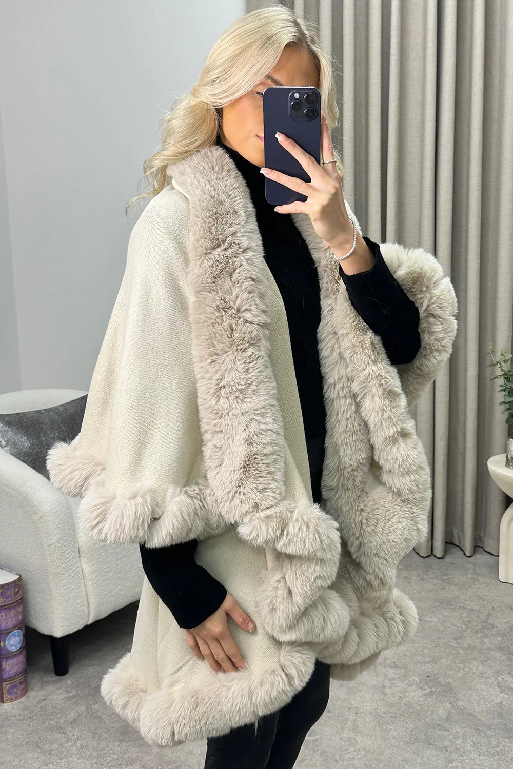 Khleo Beige Faux Fur Double Layer Cape