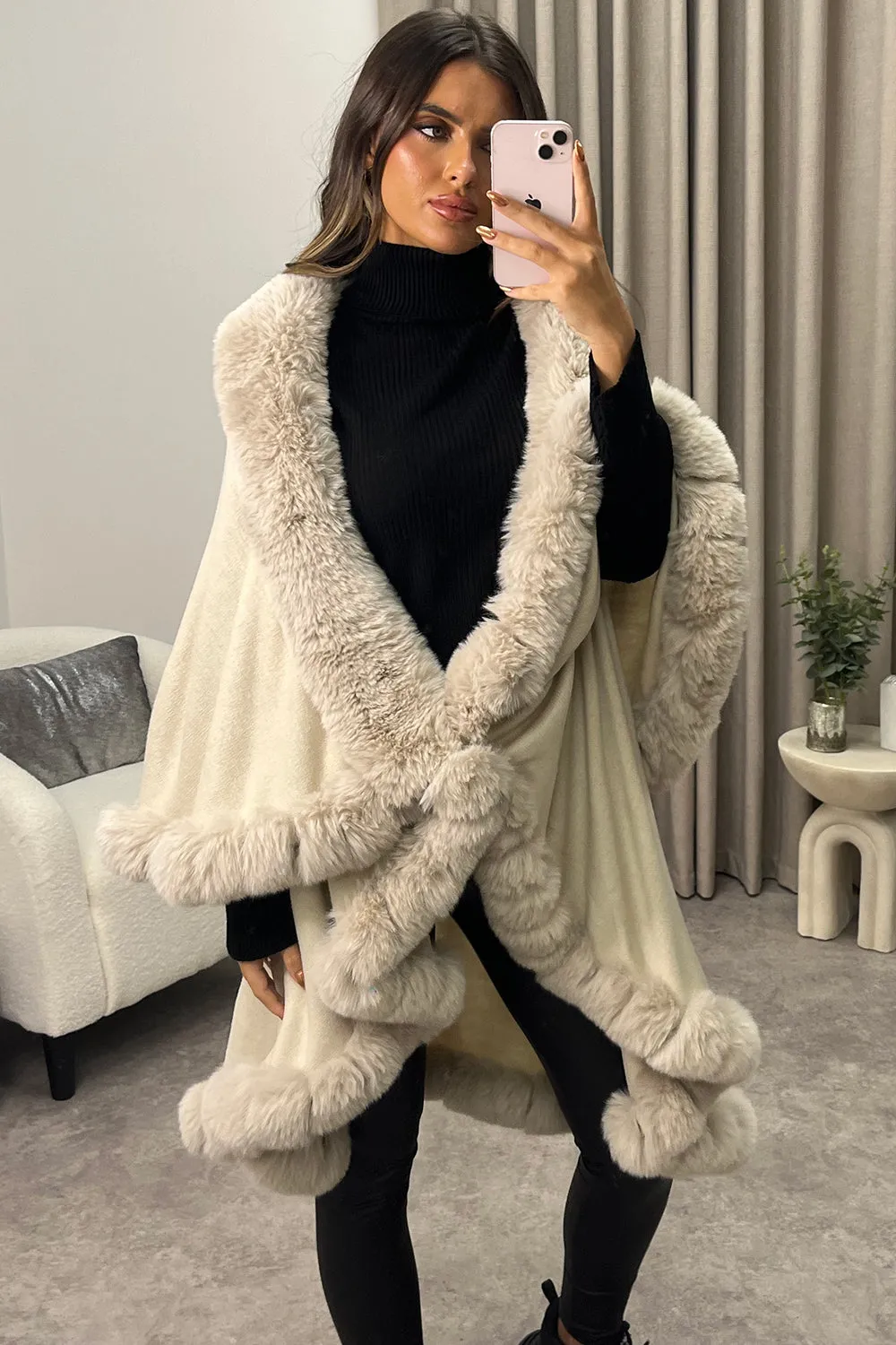 Khleo Beige Faux Fur Double Layer Cape