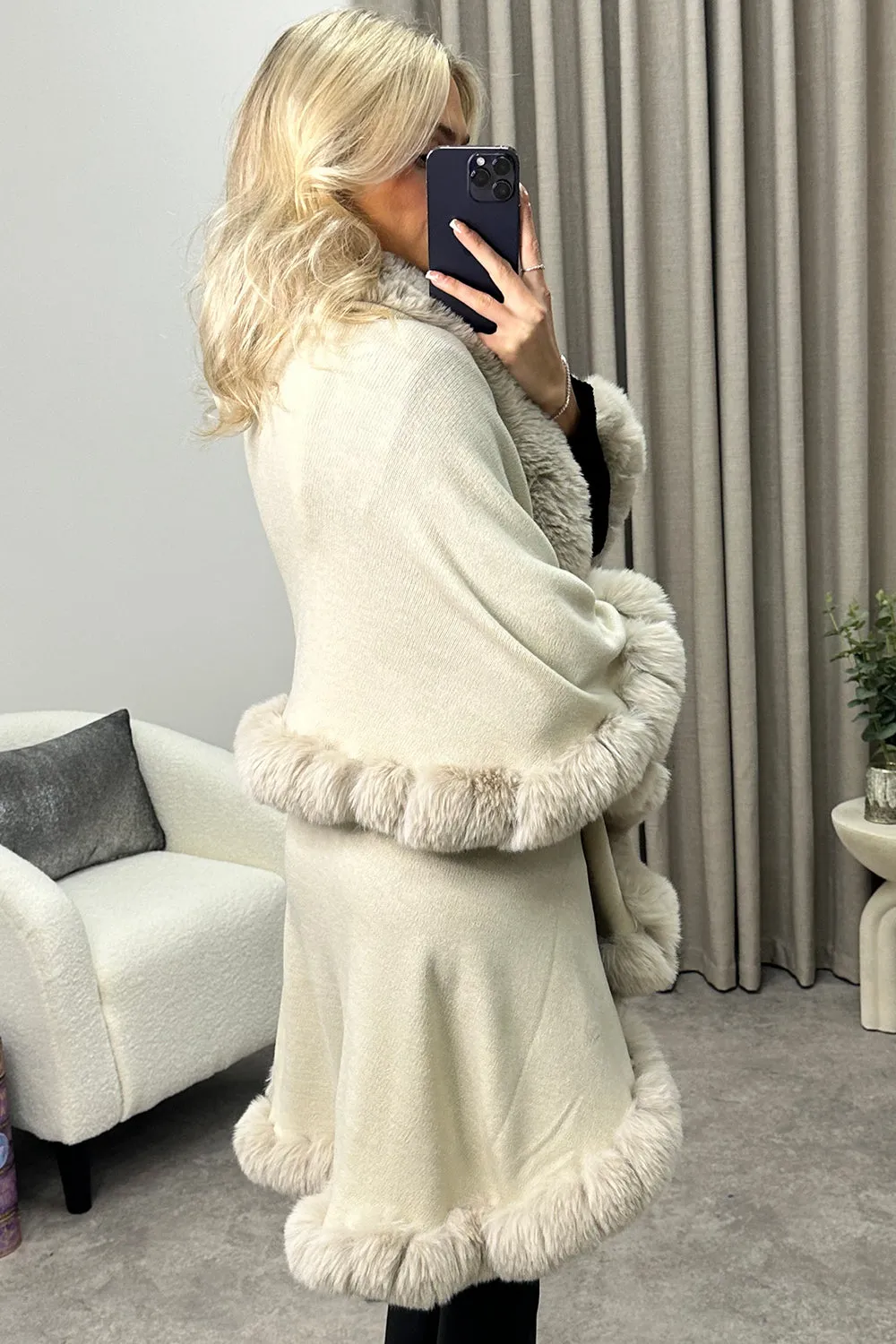 Khleo Beige Faux Fur Double Layer Cape