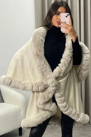Khleo Beige Faux Fur Double Layer Cape