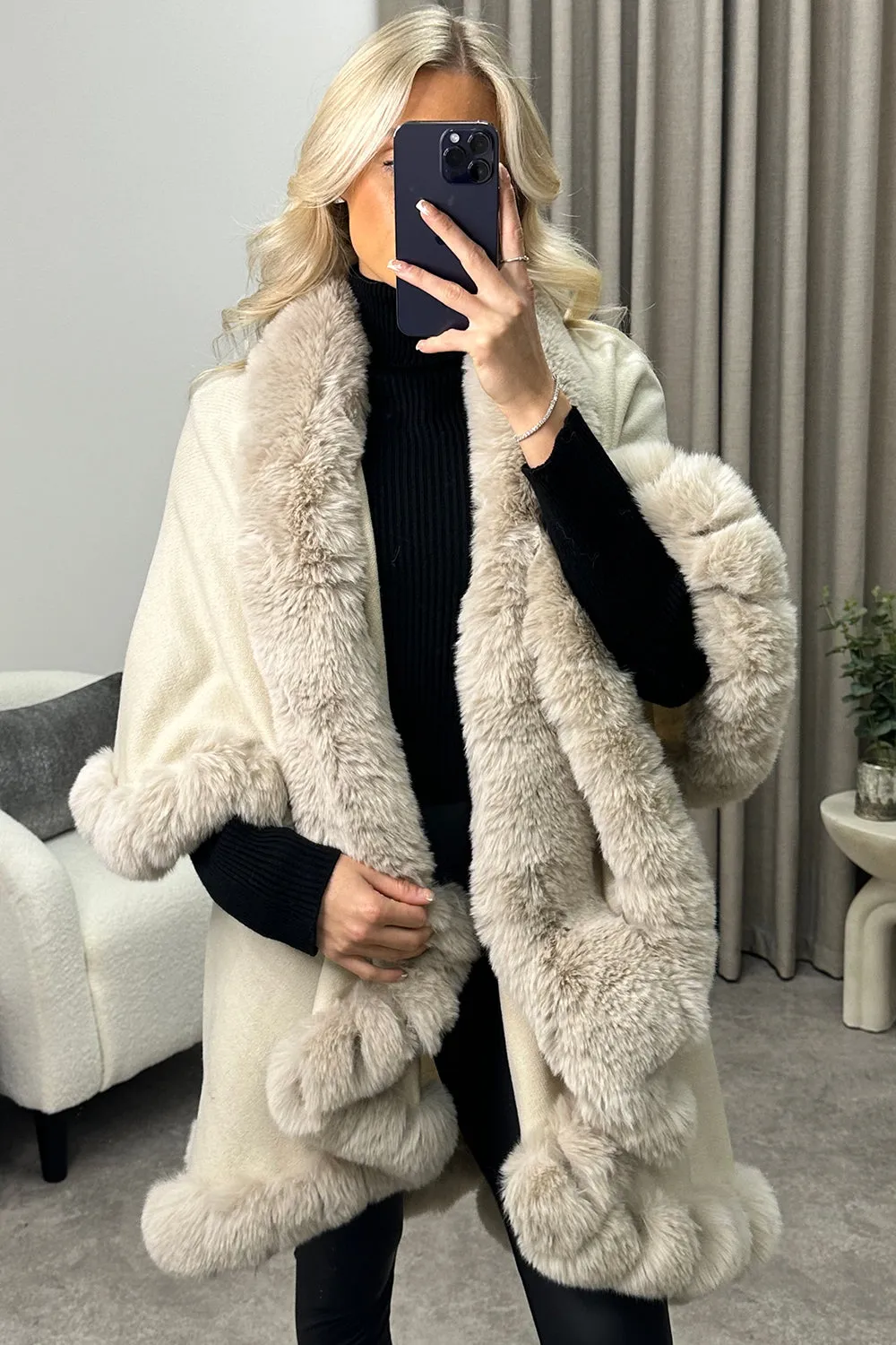 Khleo Beige Faux Fur Double Layer Cape