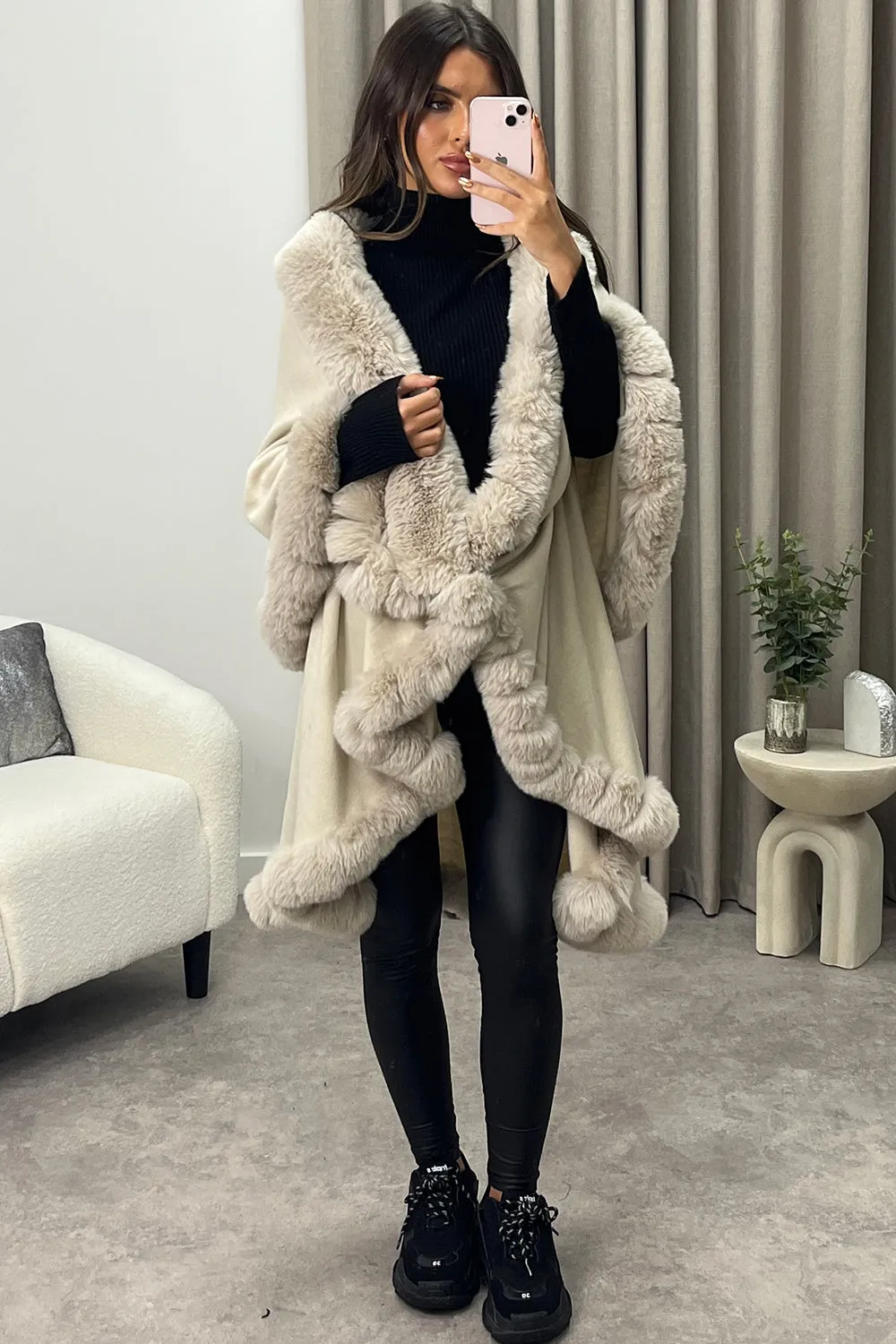 Khleo Beige Faux Fur Double Layer Cape
