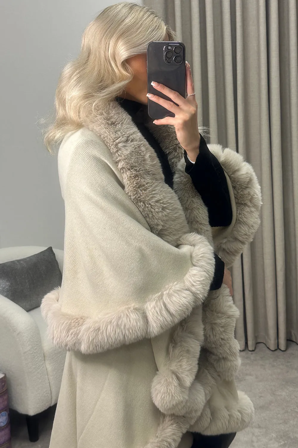 Khleo Beige Faux Fur Double Layer Cape