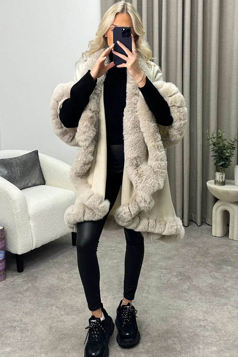 Khleo Beige Faux Fur Double Layer Cape