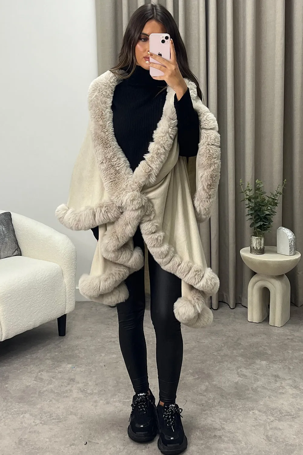 Khleo Beige Faux Fur Double Layer Cape