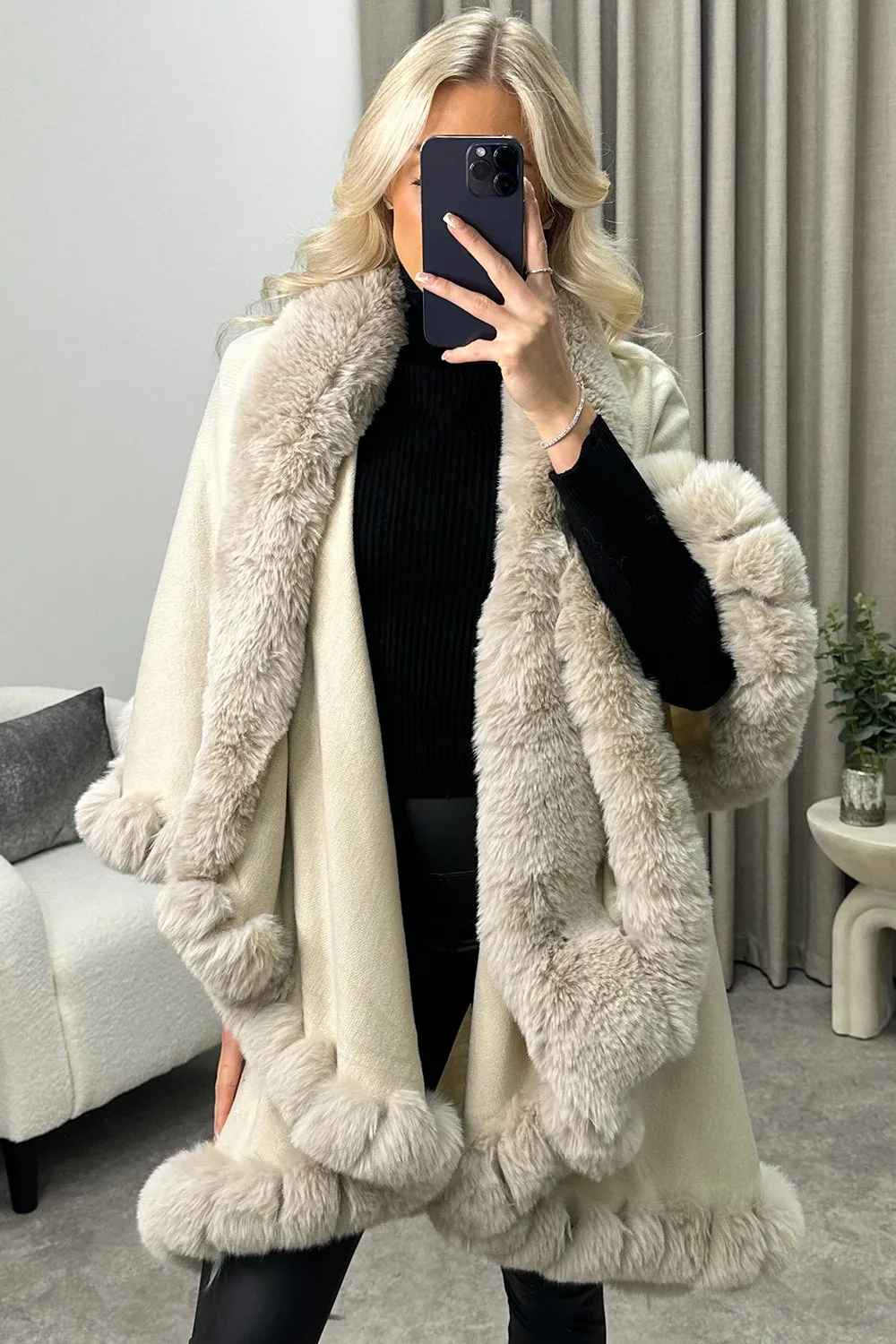 Khleo Beige Faux Fur Double Layer Cape