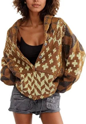 LaurelTree Womens Cardigan Sweaters Open Front Button up Weaters Y2k Knit Chunky Winter Outerwear Coats with Hem Drawstring