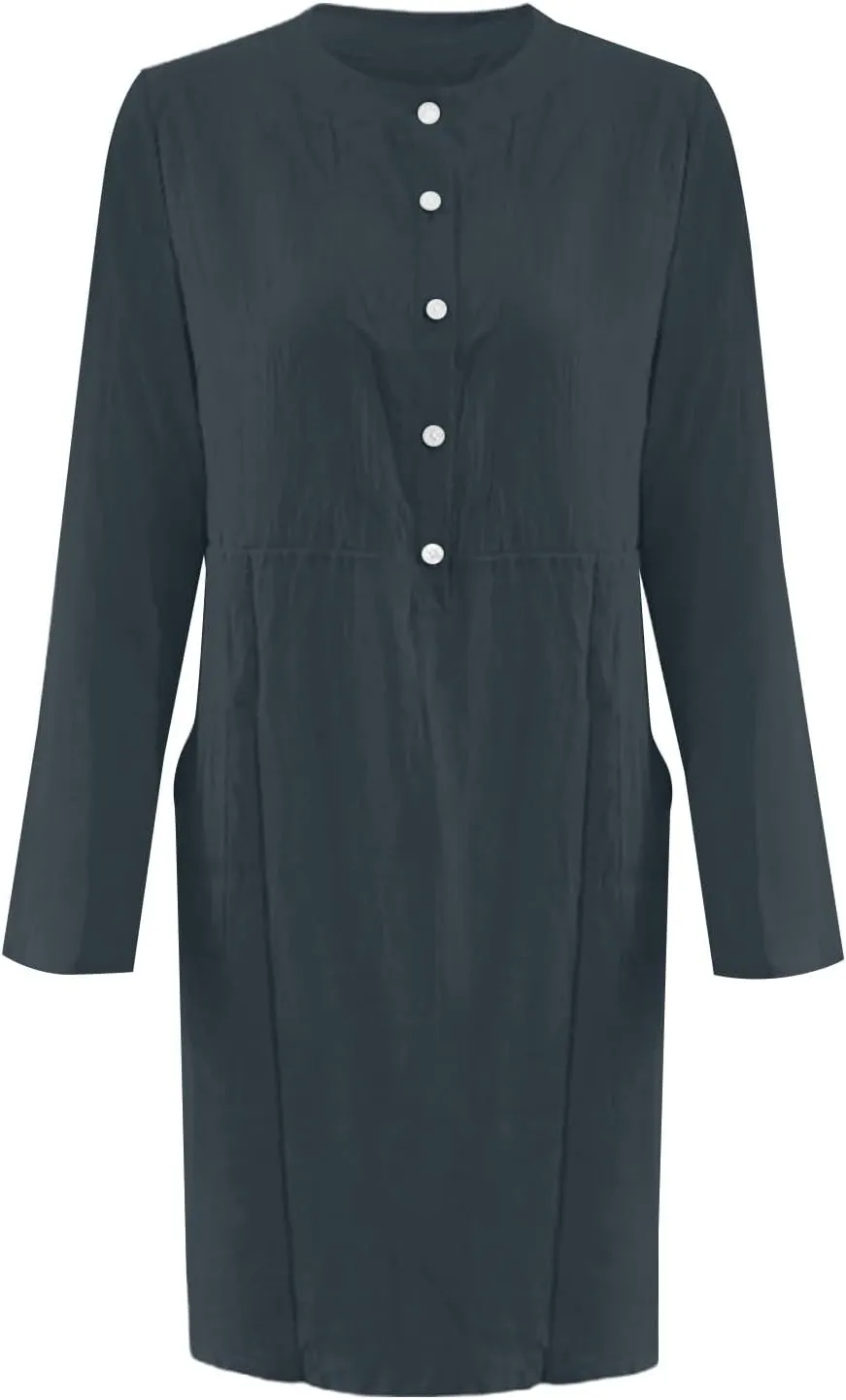 Linen Dresses for Women 2025 Summer Casual 3/4 Sleeve Button Down Midi Dress Plus Size Crewneck Loose Beach Sundress