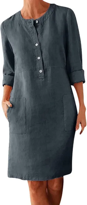 Linen Dresses for Women 2025 Summer Casual 3/4 Sleeve Button Down Midi Dress Plus Size Crewneck Loose Beach Sundress