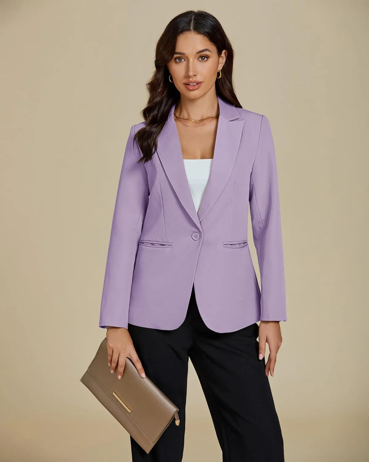 luvamia Dressy Blazers for Women Button Long Sleeve Lapel Business Casual Outfits Office Work Suit Blazer with Pockets