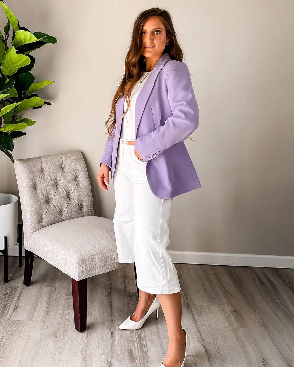 luvamia Dressy Blazers for Women Button Long Sleeve Lapel Business Casual Outfits Office Work Suit Blazer with Pockets