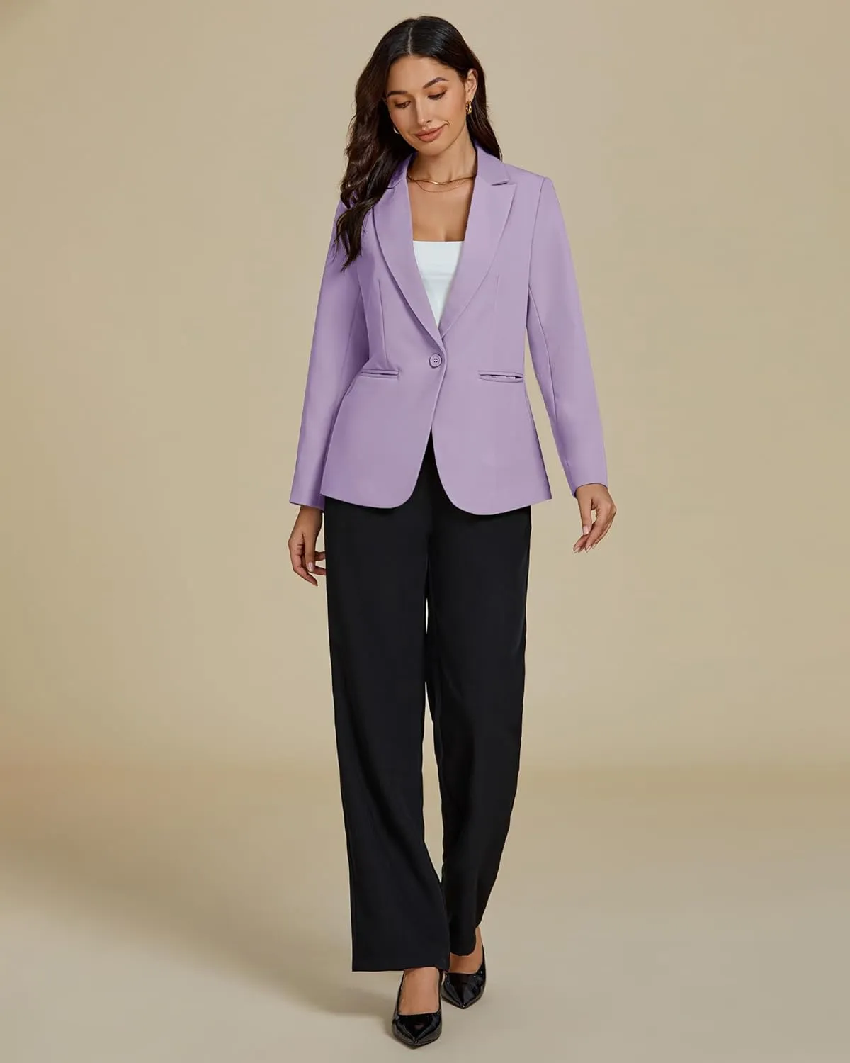 luvamia Dressy Blazers for Women Button Long Sleeve Lapel Business Casual Outfits Office Work Suit Blazer with Pockets