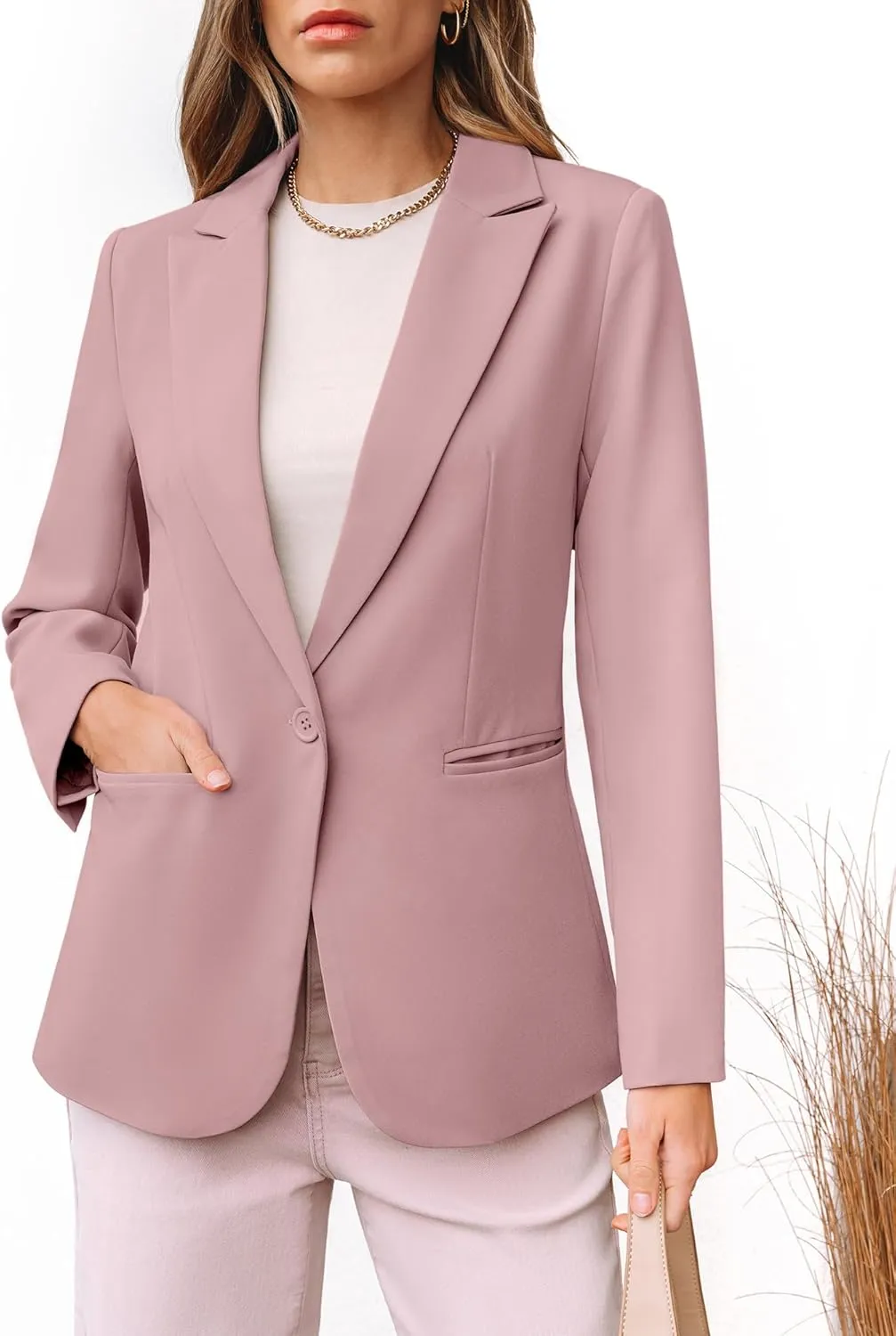 luvamia Dressy Blazers for Women Button Long Sleeve Lapel Business Casual Outfits Office Work Suit Blazer with Pockets