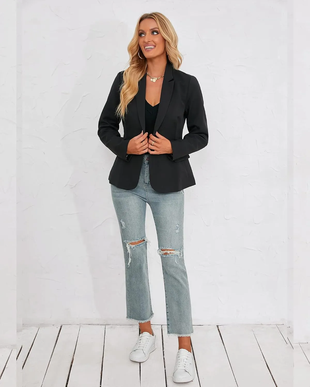luvamia Women's Long Sleeve Formal Notch Lapel Button Down Blazer Pockets Jacket