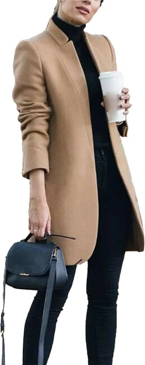 Maiyifu-GJ Womens Stand Collar Wool Blend Coats Casual Warm Open Front Cardigan Trench Overcoat Mid Long Slim Fit Jackets