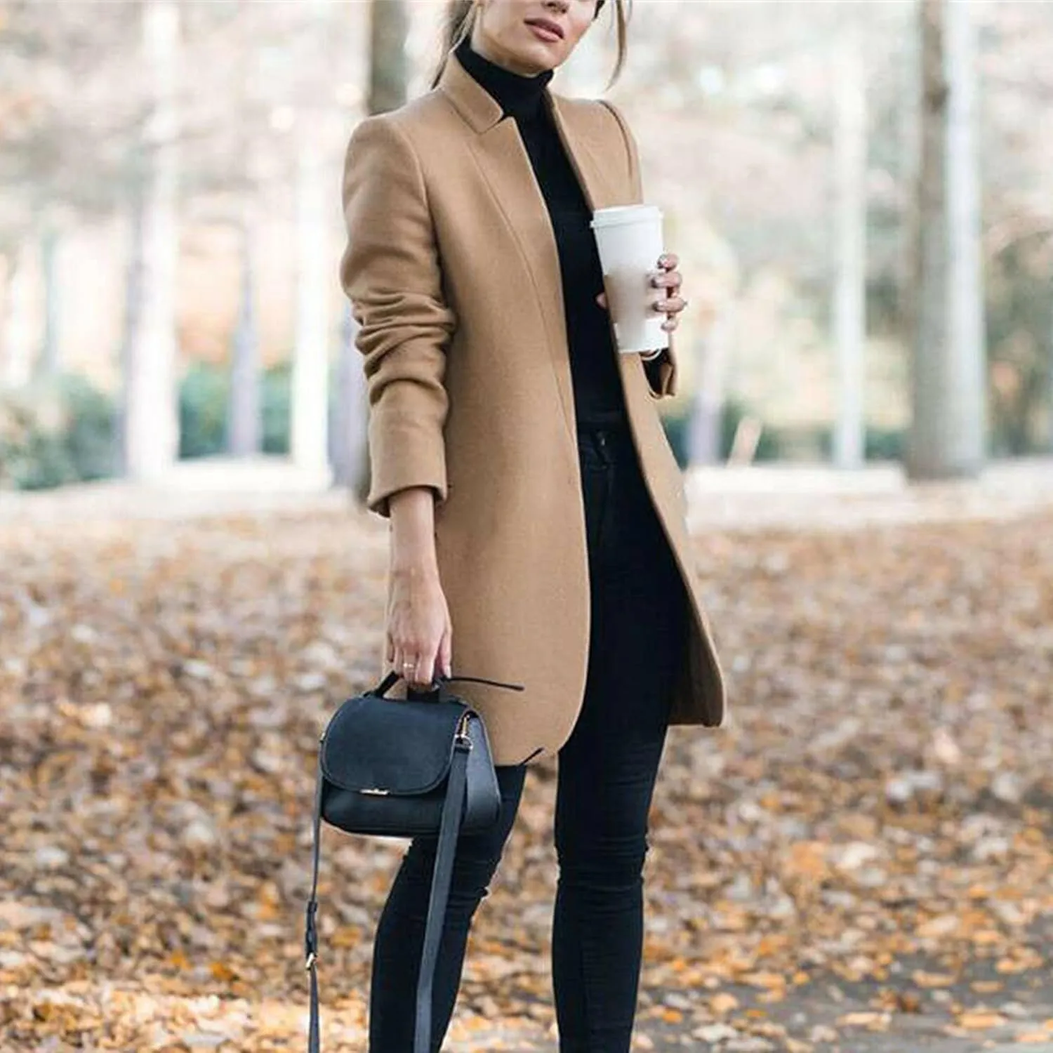 Maiyifu-GJ Womens Stand Collar Wool Blend Coats Casual Warm Open Front Cardigan Trench Overcoat Mid Long Slim Fit Jackets