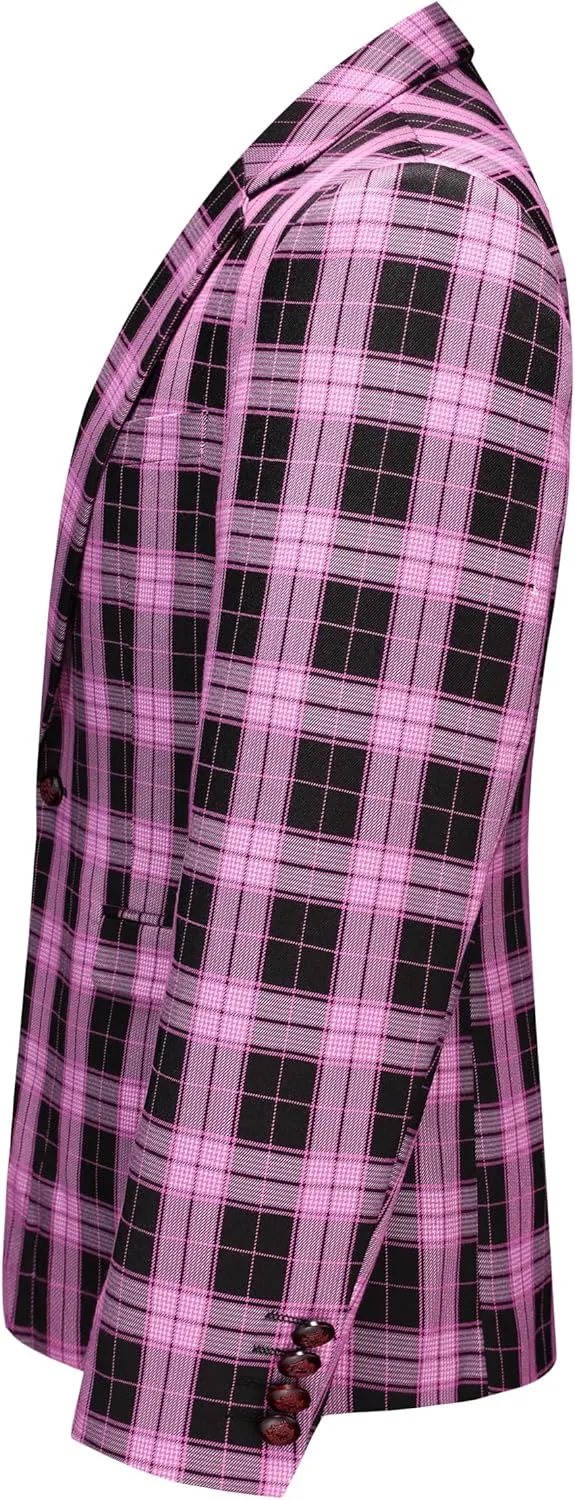 Mens Blazer Plaid Sport Coats One Button Casual Slim Fit Checked Jacket