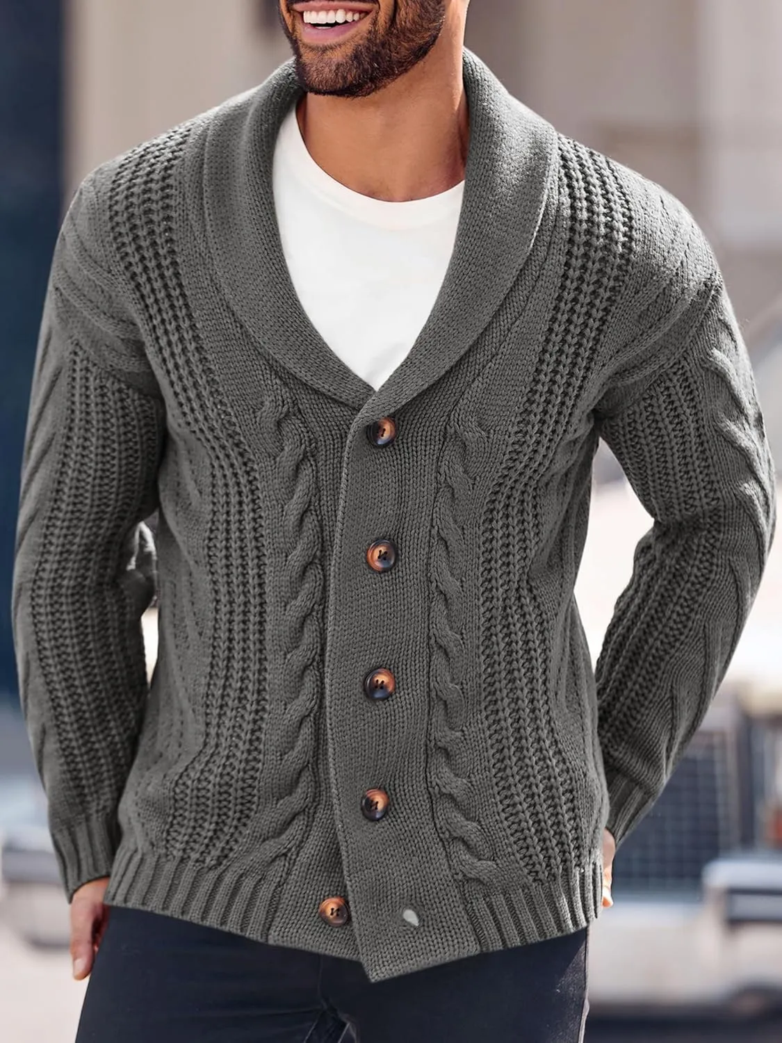 Mens Cable Knit Cardigan Sweater Shawl Collar Loose Fit Long Sleeve Casual Cardigans