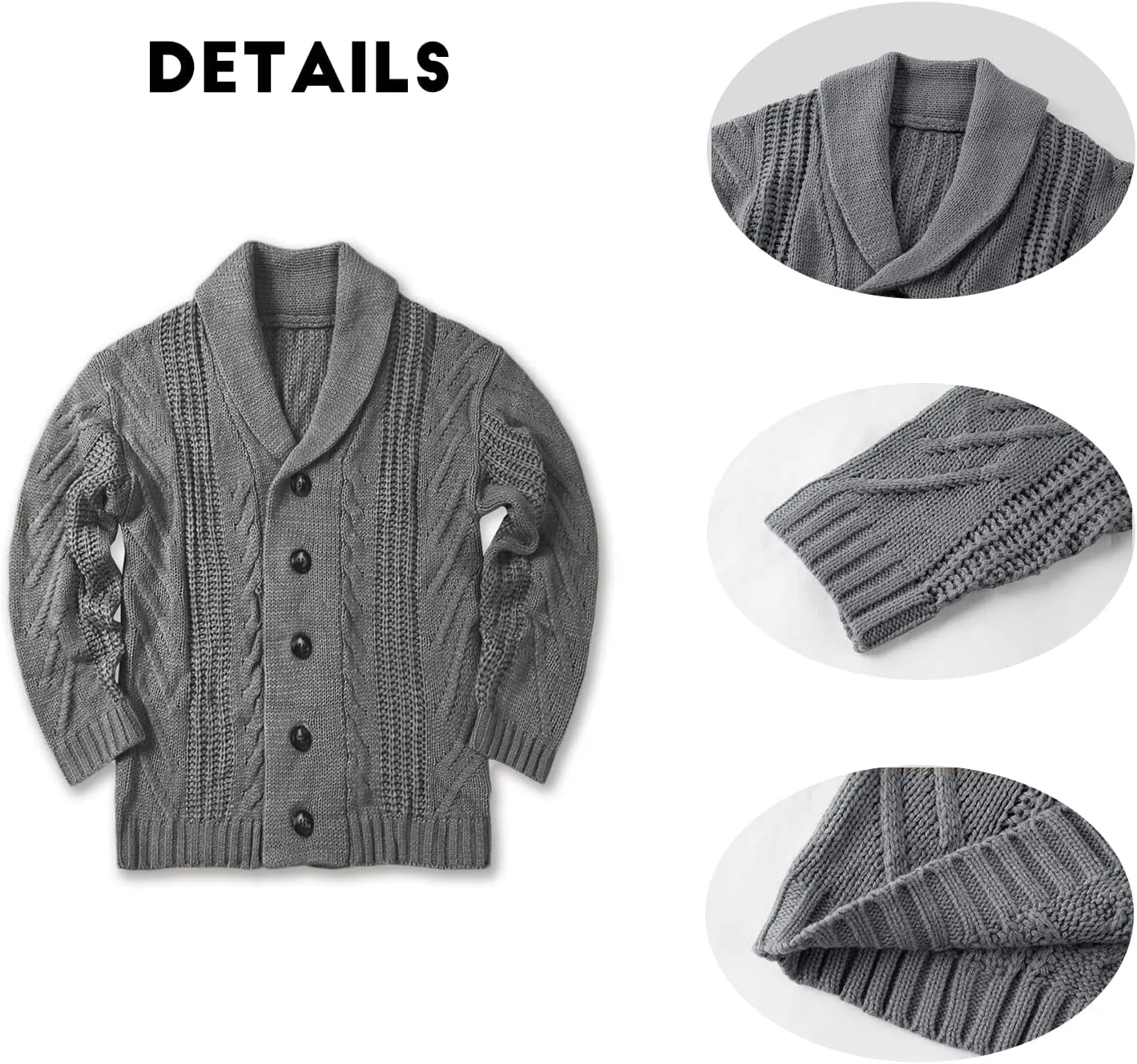 Mens Cable Knit Cardigan Sweater Shawl Collar Loose Fit Long Sleeve Casual Cardigans