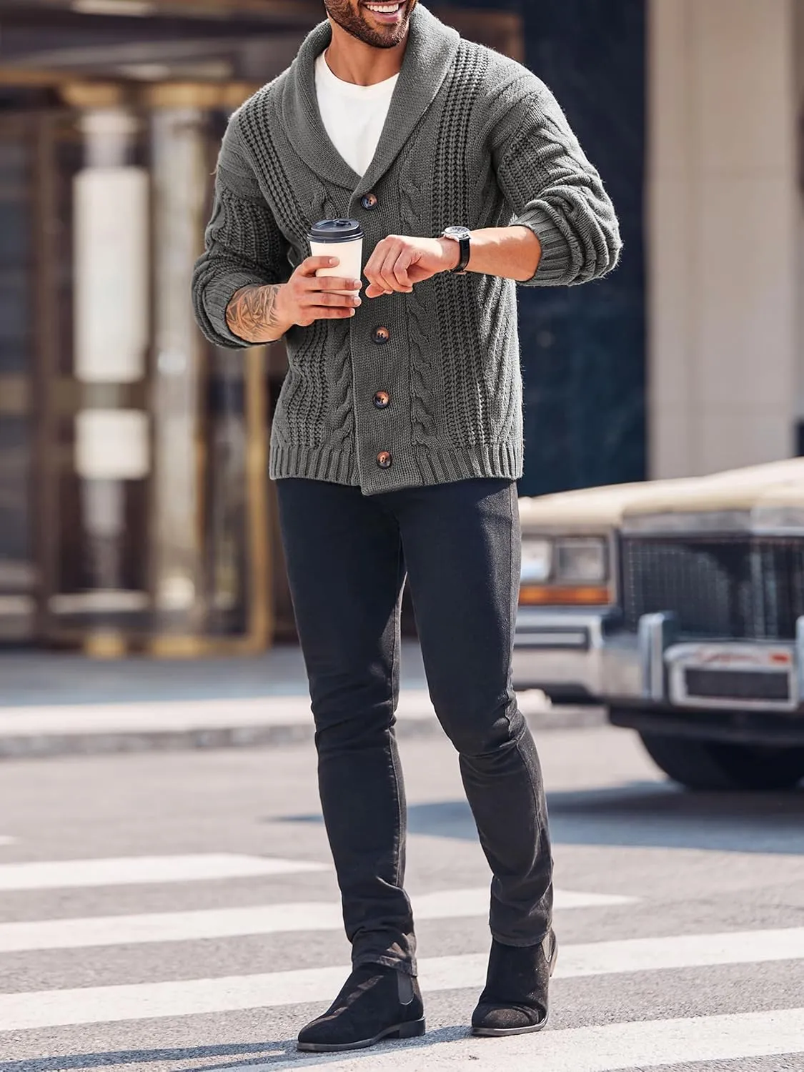 Mens Cable Knit Cardigan Sweater Shawl Collar Loose Fit Long Sleeve Casual Cardigans