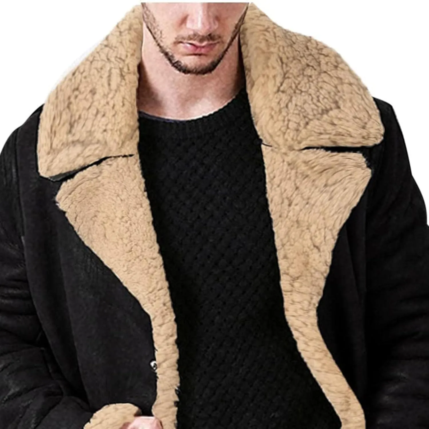 Men's Heavyweight PU Sherpa Jacket Fur Collar Long Trench Coats Faux Suede Winter Sheepskin Fleece Coat