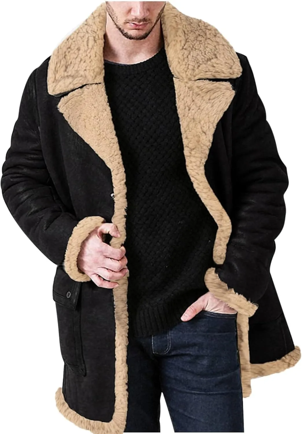 Men's Heavyweight PU Sherpa Jacket Fur Collar Long Trench Coats Faux Suede Winter Sheepskin Fleece Coat