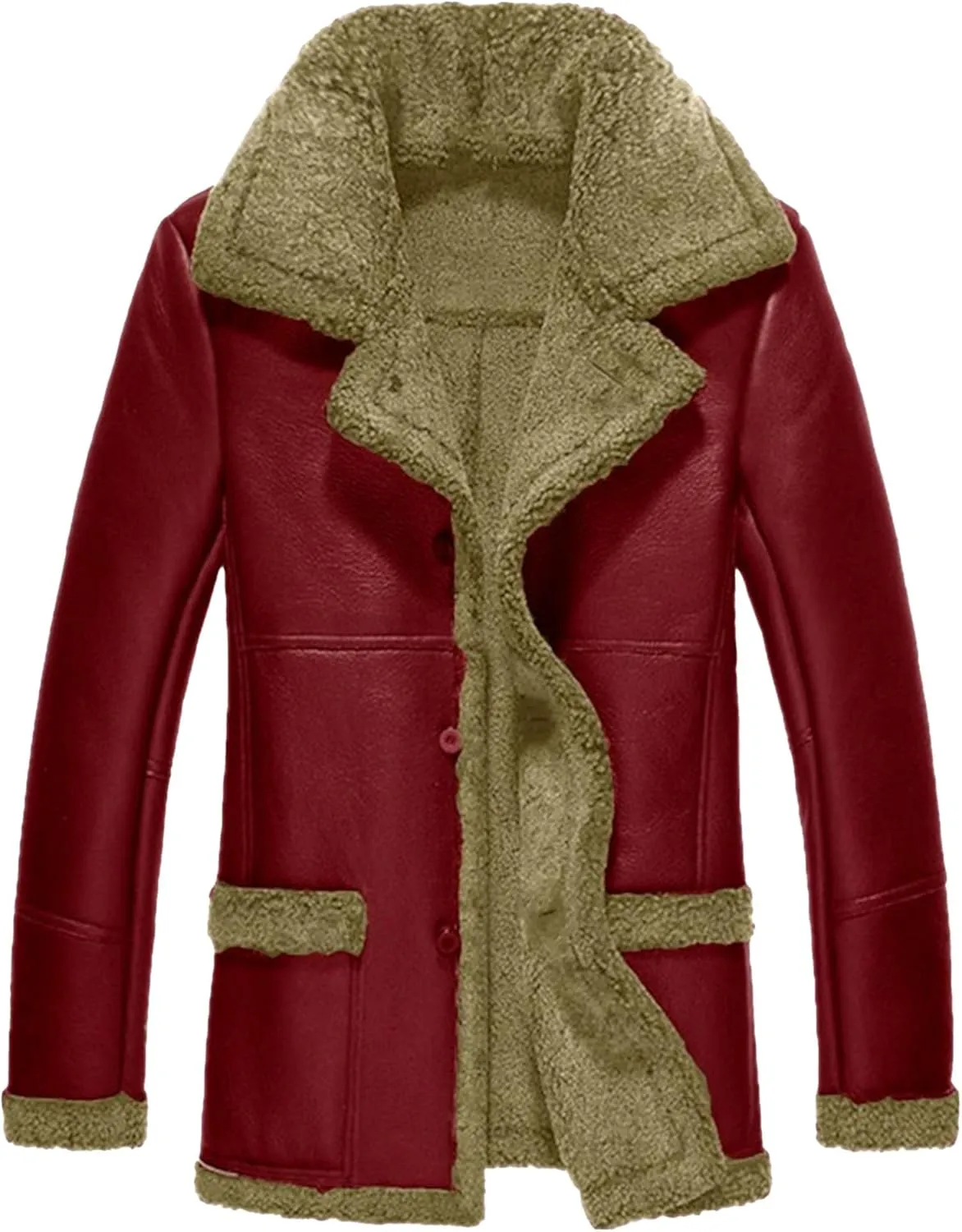 Men's Heavyweight PU Sherpa Jacket Fur Collar Long Trench Coats Faux Suede Winter Sheepskin Fleece Coat