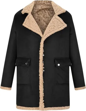 Men's Heavyweight PU Sherpa Jacket Fur Collar Long Trench Coats Faux Suede Winter Sheepskin Fleece Coat