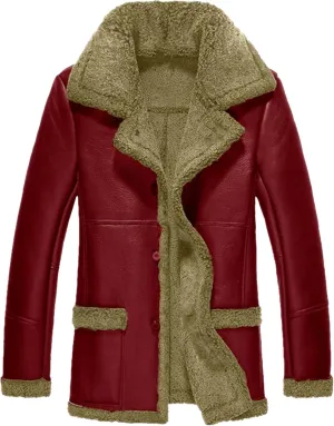 Men's Heavyweight PU Sherpa Jacket Fur Collar Long Trench Coats Faux Suede Winter Sheepskin Fleece Coat