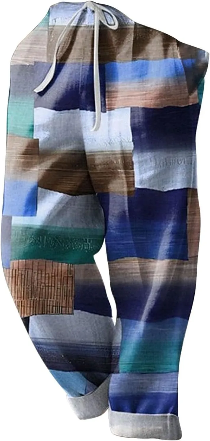 Men's Plaid Hiking Pants wiht Pockets Casual Lightweight Straight Leg Cargo Pant Outdoor Breathable Linen Holiday Beach Pants