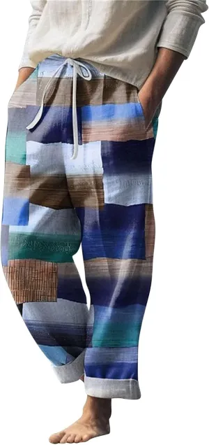 Men's Plaid Hiking Pants wiht Pockets Casual Lightweight Straight Leg Cargo Pant Outdoor Breathable Linen Holiday Beach Pants