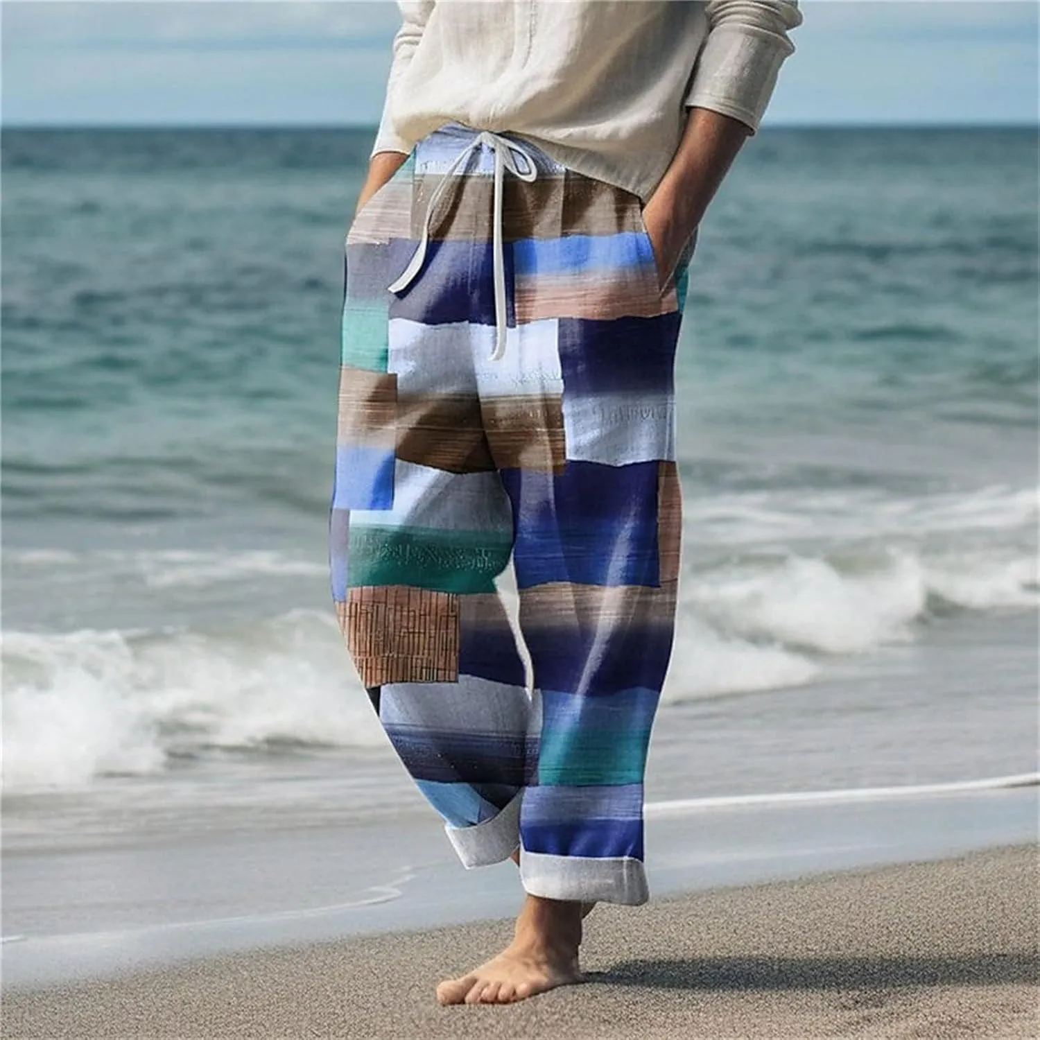 Men's Plaid Hiking Pants wiht Pockets Casual Lightweight Straight Leg Cargo Pant Outdoor Breathable Linen Holiday Beach Pants