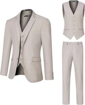 Men's Slim Fit 2 Button 3 Piece Suit Set, Solid Blazer Jacket with Multi-Functional Inner Pockets for Business/Party