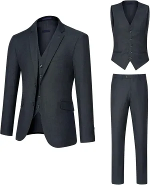 Men's Slim Fit 2 Button 3 Piece Suit Set, Solid Blazer Jacket with Multi-Functional Inner Pockets for Business/Party