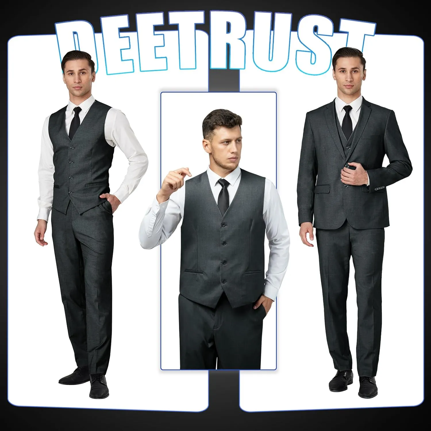 Men's Slim Fit 2 Button 3 Piece Suit Set, Solid Blazer Jacket with Multi-Functional Inner Pockets for Business/Party