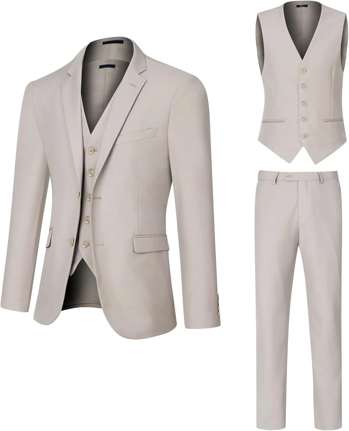 Men's Slim Fit 2 Button 3 Piece Suit Set, Solid Blazer Jacket with Multi-Functional Inner Pockets for Business/Party