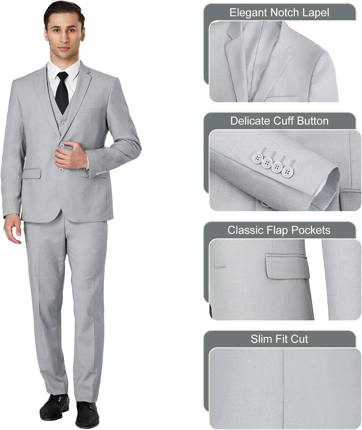 Men's Slim Fit 2 Button 3 Piece Suit Set, Solid Blazer Jacket with Multi-Functional Inner Pockets for Business/Party
