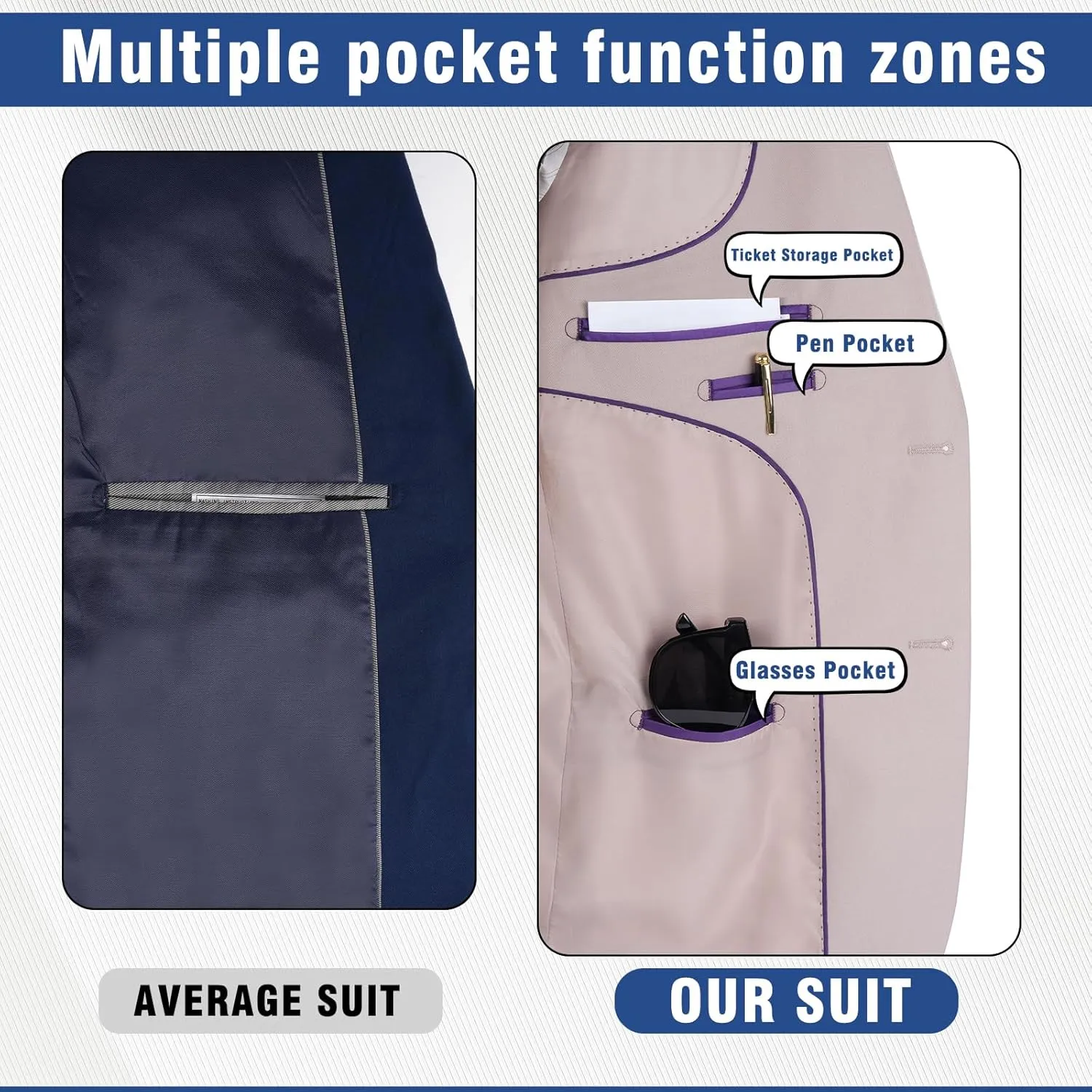Men's Slim Fit 2 Button 3 Piece Suit Set, Solid Blazer Jacket with Multi-Functional Inner Pockets for Business/Party