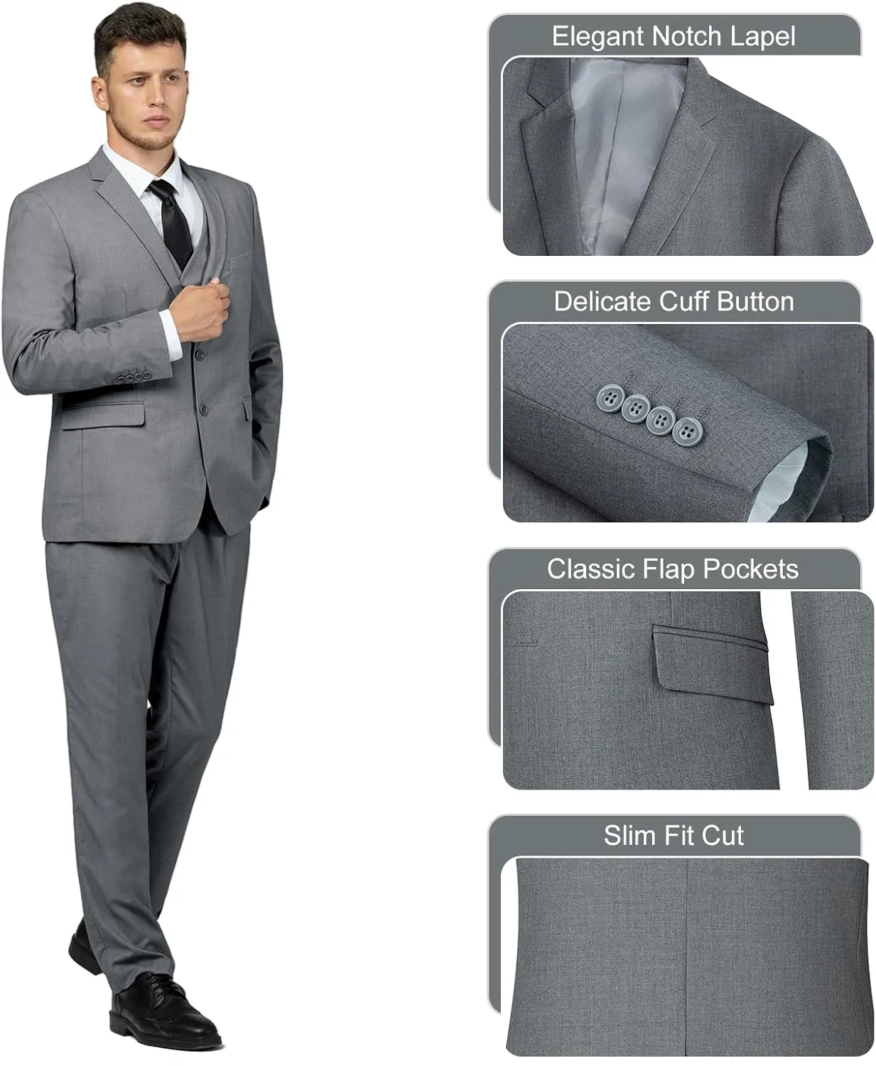 Men's Slim Fit 2 Button 3 Piece Suit Set, Solid Blazer Jacket with Multi-Functional Inner Pockets for Business/Party