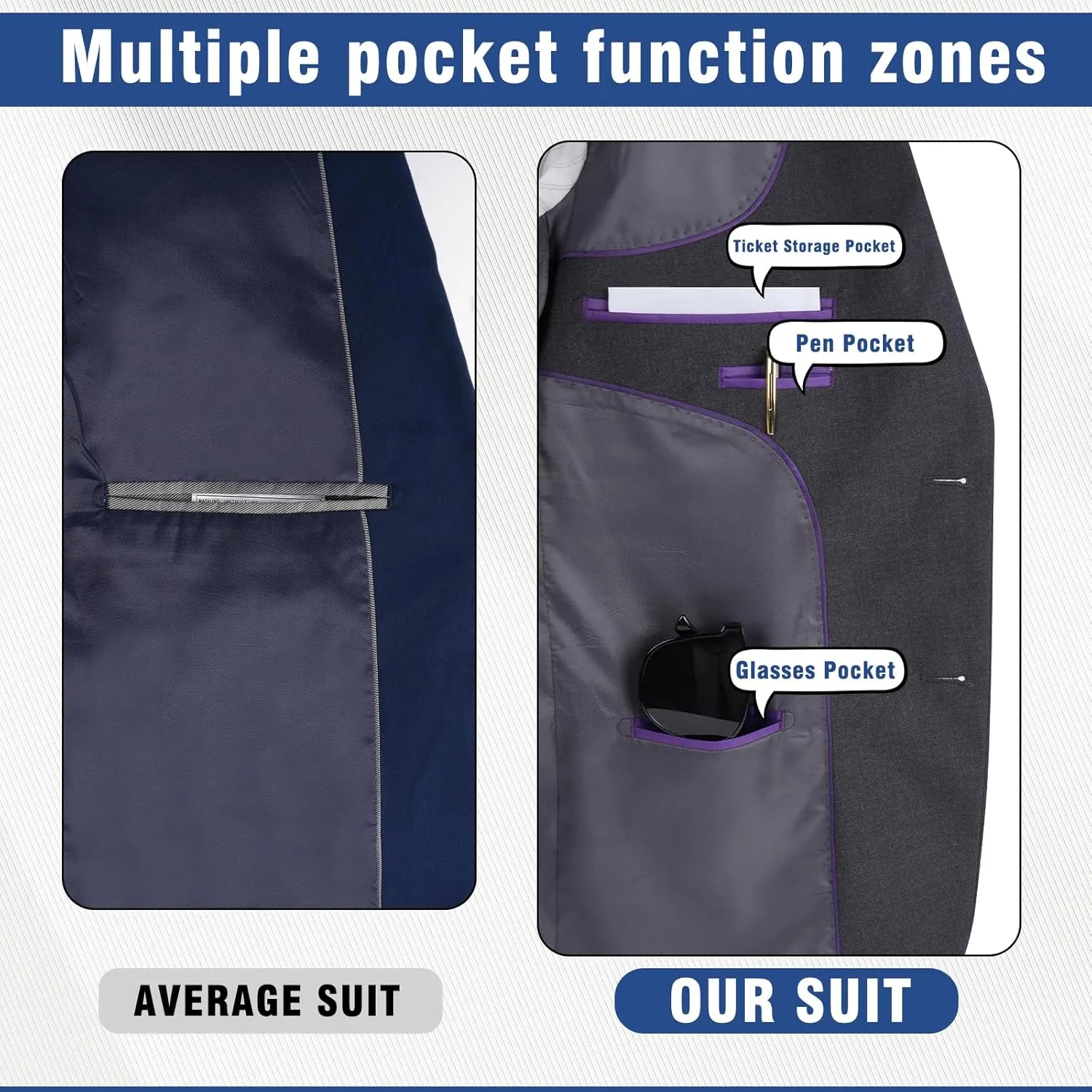Men's Slim Fit 2 Button 3 Piece Suit Set, Solid Blazer Jacket with Multi-Functional Inner Pockets for Business/Party