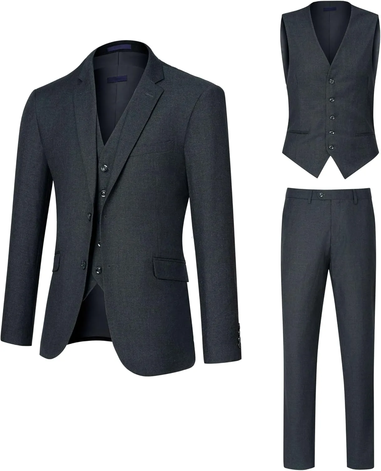 Men's Slim Fit 2 Button 3 Piece Suit Set, Solid Blazer Jacket with Multi-Functional Inner Pockets for Business/Party