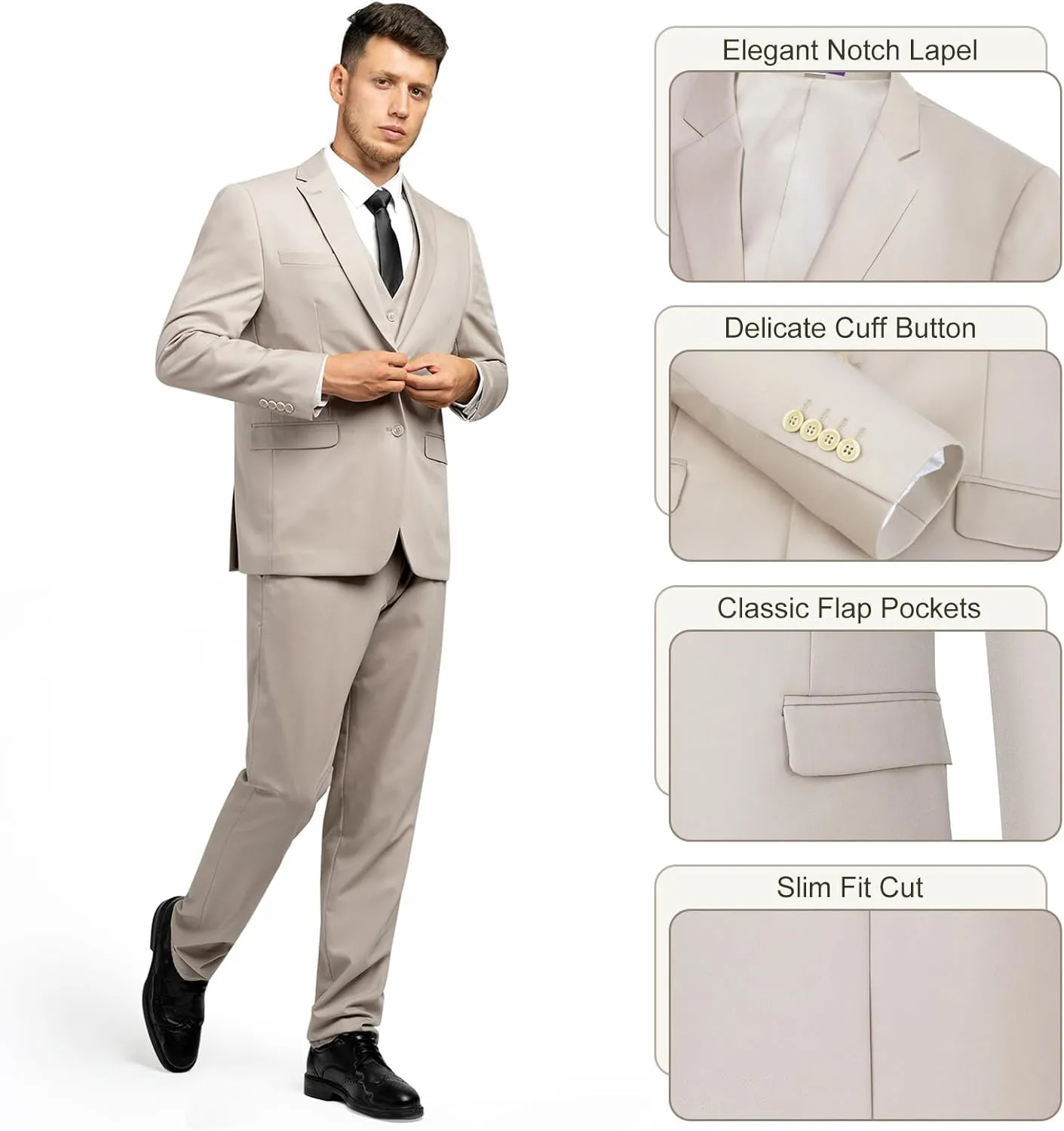 Men's Slim Fit 2 Button 3 Piece Suit Set, Solid Blazer Jacket with Multi-Functional Inner Pockets for Business/Party