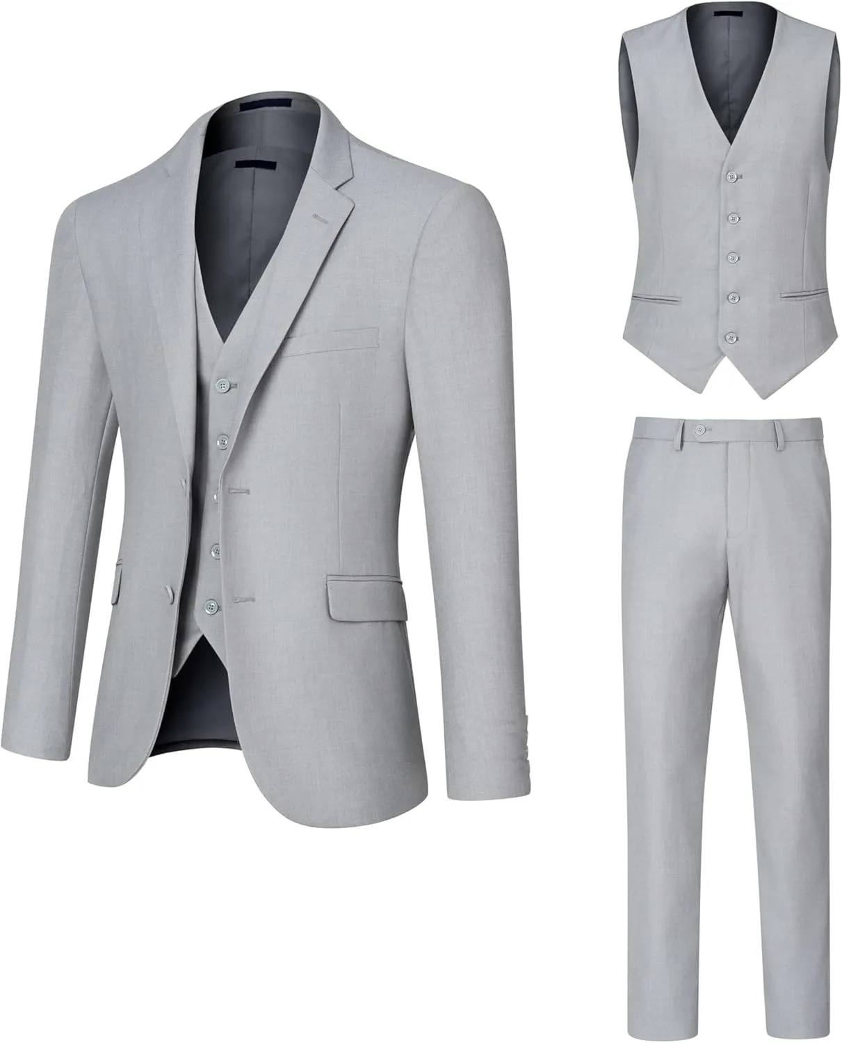 Men's Slim Fit 2 Button 3 Piece Suit Set, Solid Blazer Jacket with Multi-Functional Inner Pockets for Business/Party