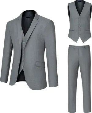 Men's Slim Fit 2 Button 3 Piece Suit Set, Solid Blazer Jacket with Multi-Functional Inner Pockets for Business/Party