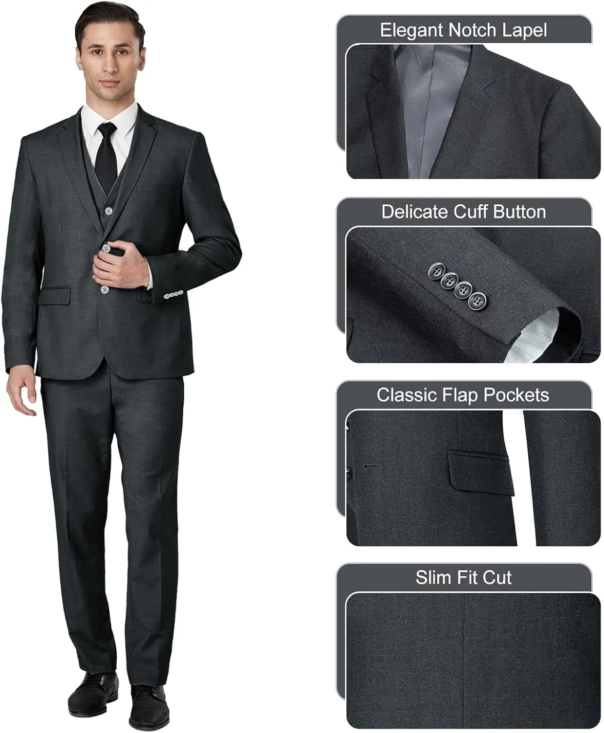 Men's Slim Fit 2 Button 3 Piece Suit Set, Solid Blazer Jacket with Multi-Functional Inner Pockets for Business/Party