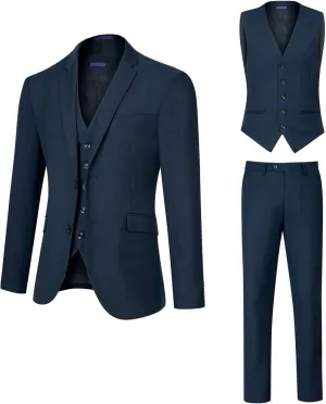 Men's Slim Fit 2 Button 3 Piece Suit Set, Solid Blazer Jacket with Multi-Functional Inner Pockets for Business/Party
