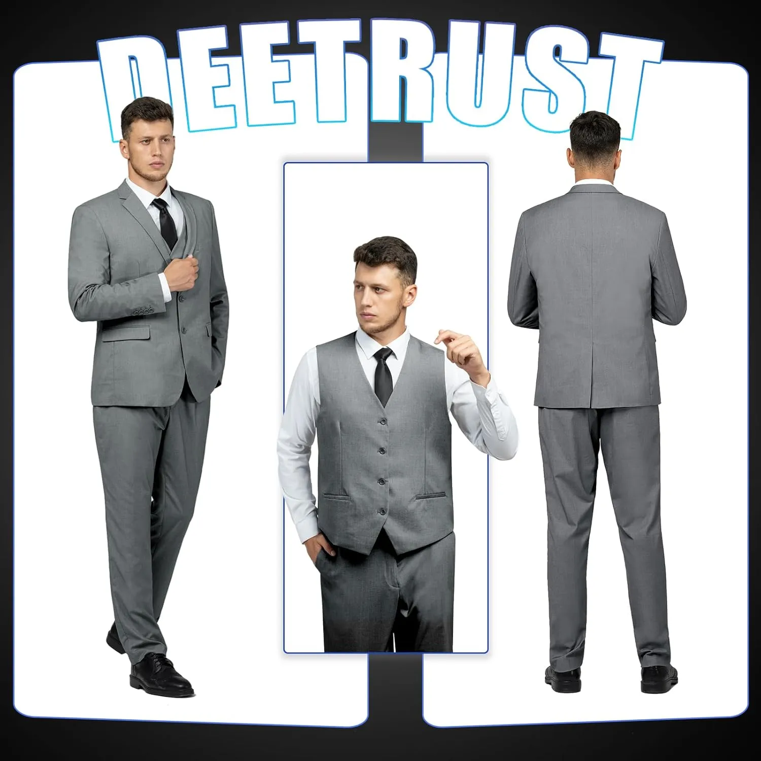 Men's Slim Fit 2 Button 3 Piece Suit Set, Solid Blazer Jacket with Multi-Functional Inner Pockets for Business/Party
