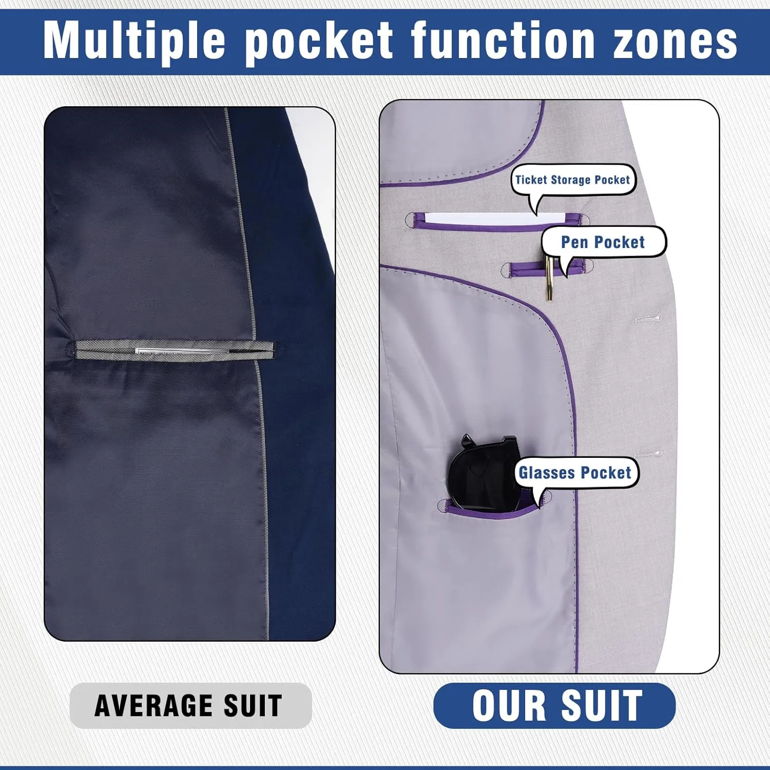 Men's Slim Fit 2 Button 3 Piece Suit Set, Solid Blazer Jacket with Multi-Functional Inner Pockets for Business/Party