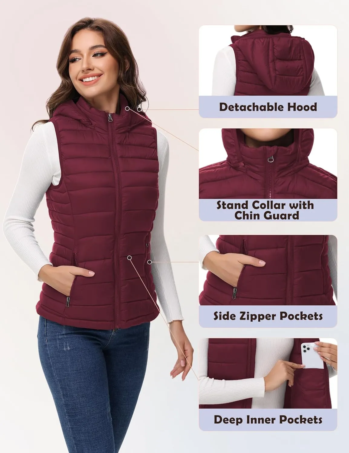 MIDNIGHTSUN Womens Packable Puffer Vest Lightweight Hooded Full Zip Warm Winter Puffy Vest