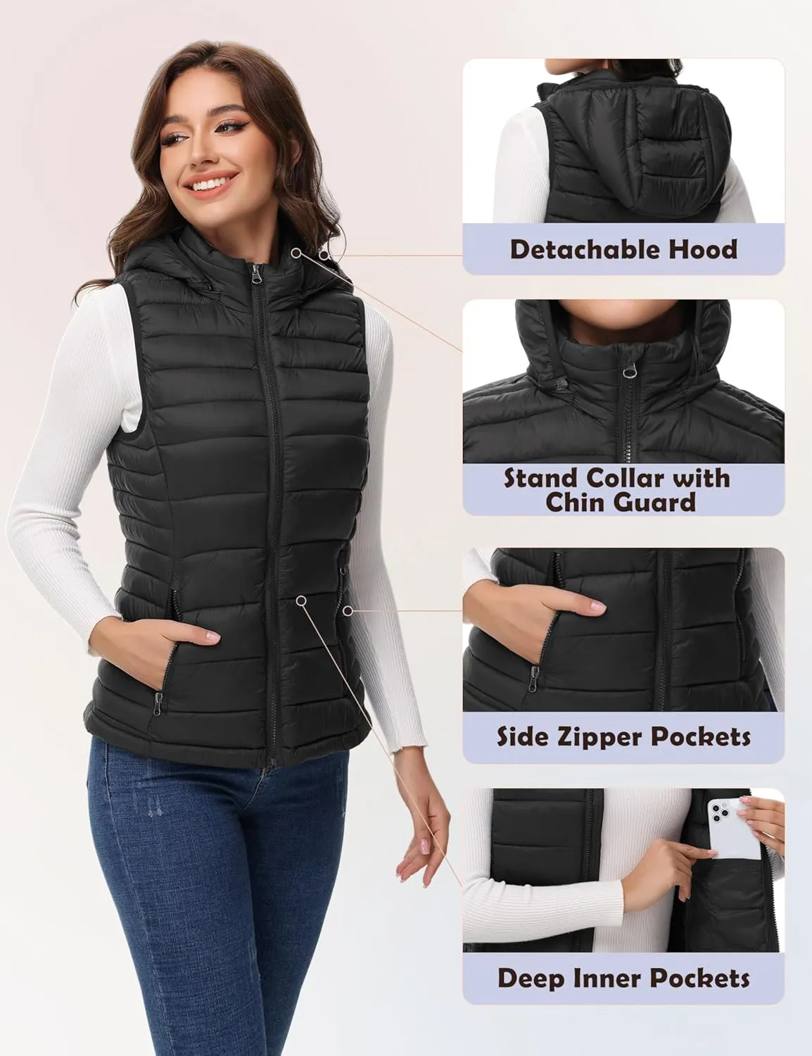 MIDNIGHTSUN Womens Packable Puffer Vest Lightweight Hooded Full Zip Warm Winter Puffy Vest